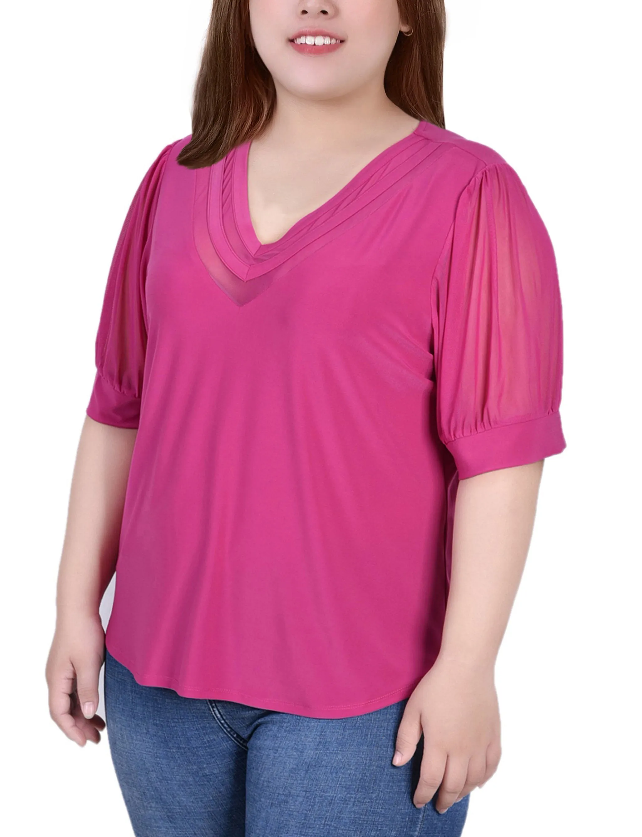Sculpted Form Morning Wear Plus Size Short Puff Sleeve V Neck Top
