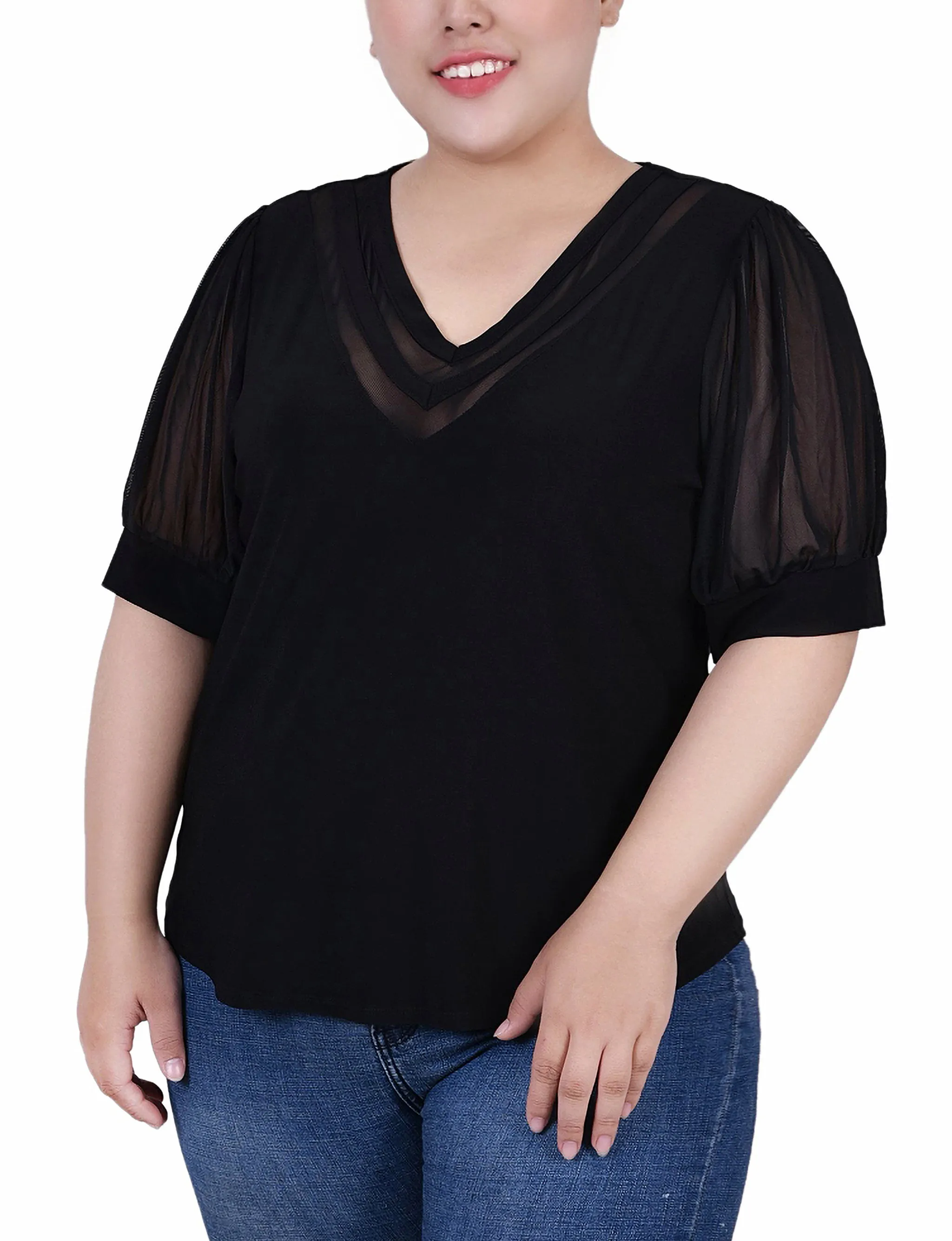 Silky Drape Easy Pairing Plus Size Short Puff Sleeve V Neck Top
