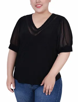 Plus Size Short Puff Sleeve V Neck Top Dressy look Floral Comfort Plus Size Short Puff Sleeve V Neck Top