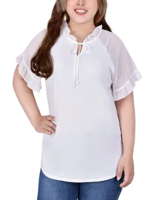 Plus Size Short Ruffled Sleeve Crepe Knit Top With Chiffon Sleeves Floral Pattern Plus Size Short Ruffled Sleeve Crepe Knit Top With Chiffon Sleeves Spring Garden