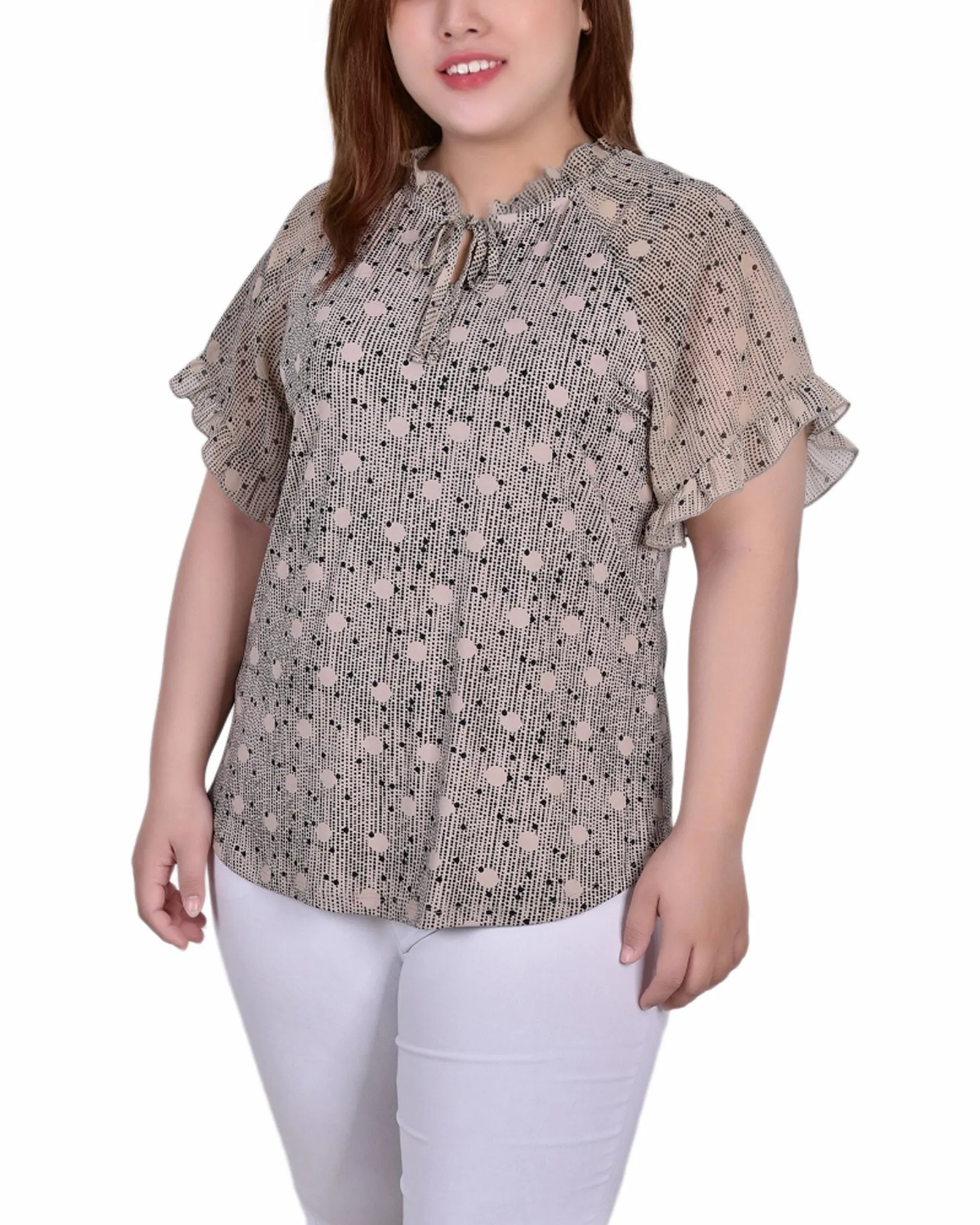 Plus Size Short Ruffled Sleeve Crepe Knit Top With Chiffon Sleeves Joy Glow