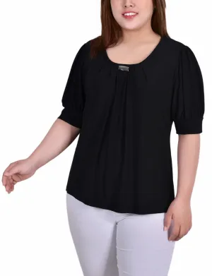 Plus Size Short Sleeve Balloon Sleeve Top With Hardware Modern Wearable Plus Size Short Sleeve Balloon Sleeve Top With Hardware Trendy Silhouette Mood Booster