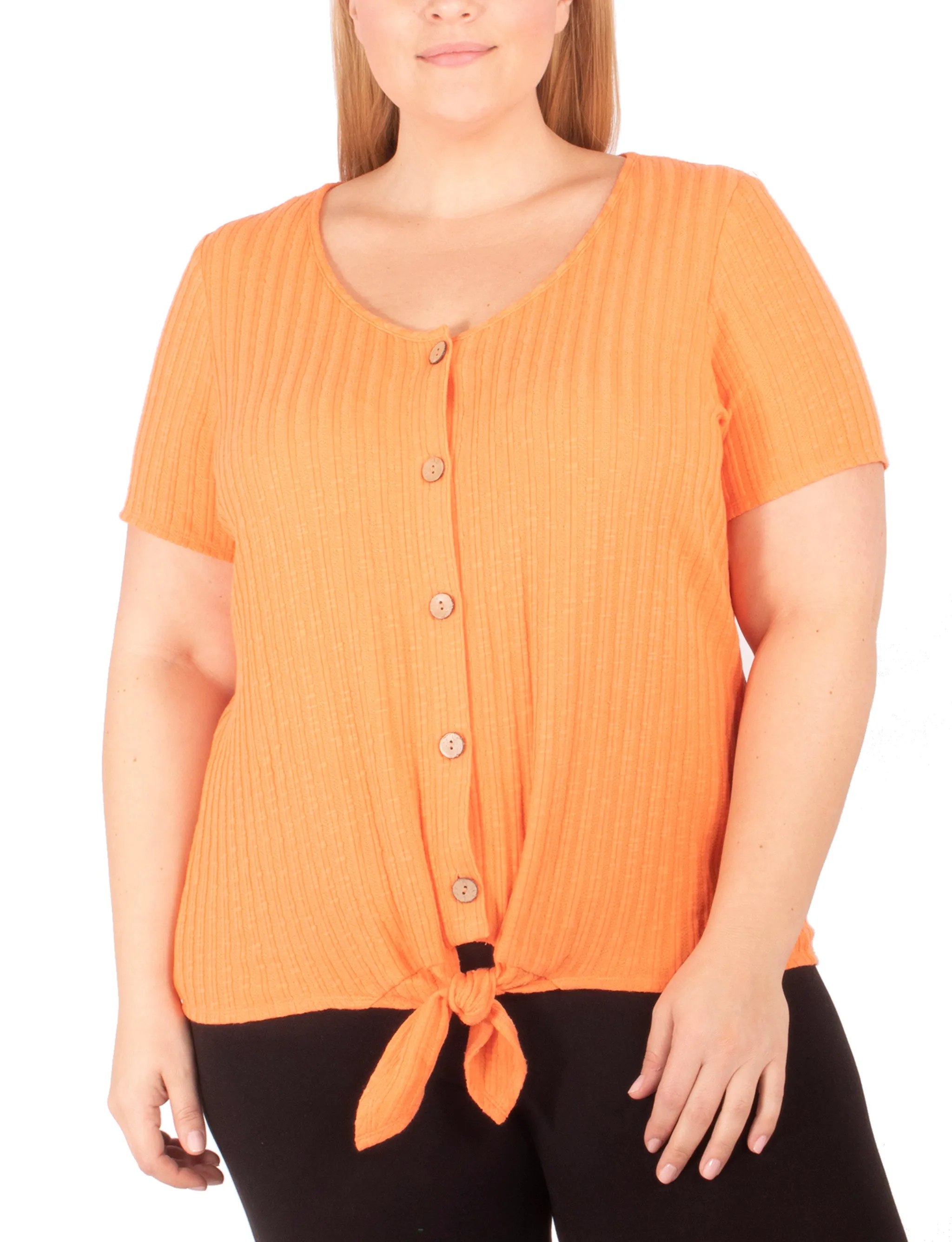 Plus Size Short Sleeve Button Front Top With Tie At Hem Limited-Edition Korean Trend