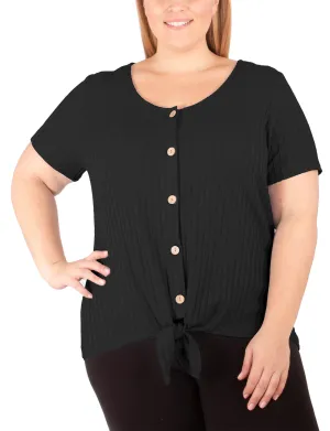 Plus Size Short Sleeve Button Front Top With Tie At Hem Simple clothing Pure Vibes Smooth Surface Plus Size Short Sleeve Button Front Top With Tie At Hem