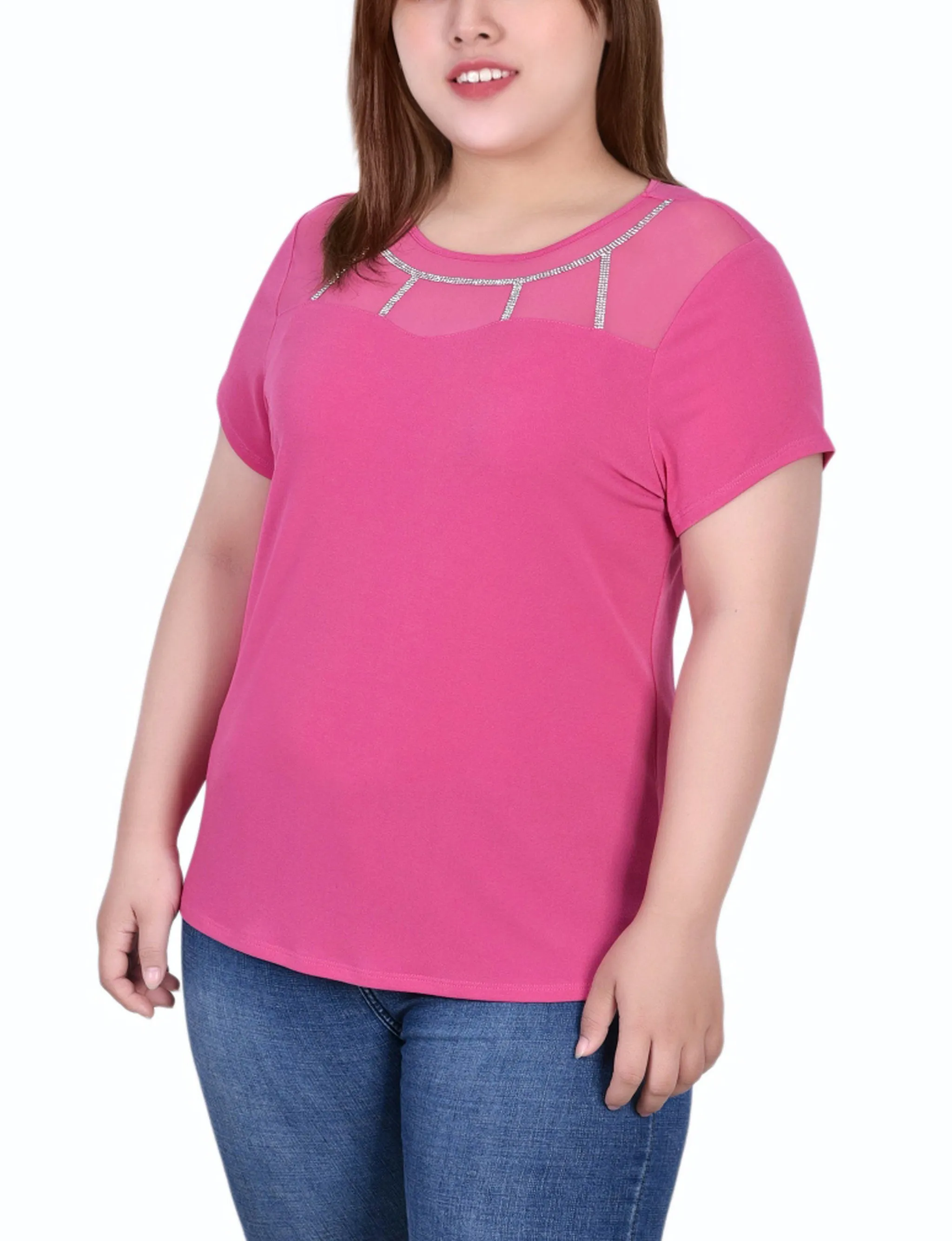 Raw-Hem Plus Size Short Sleeve Crepe Top With Stone Details