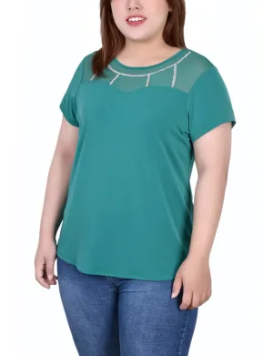 Plus Size Short Sleeve Crepe Top With Stone Details Balloon Sleeve Plus Size Short Sleeve Crepe Top With Stone Details Dreamy Motion