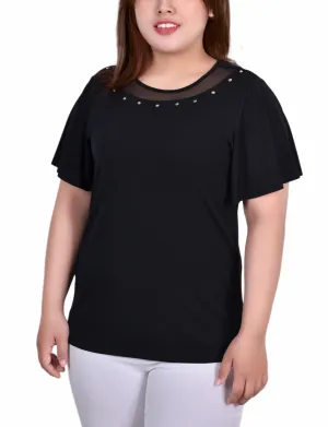 Plus Size Short Sleeve Knit Top With Sheer Inset Flared shape Long Lines Romantic Bloom Plus Size Short Sleeve Knit Top With Sheer Inset