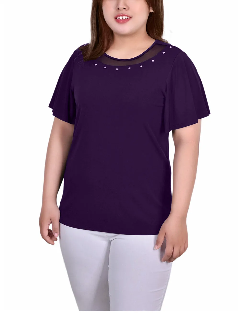 Plus Size Short Sleeve Knit Top With Sheer Inset Satin-Finish
