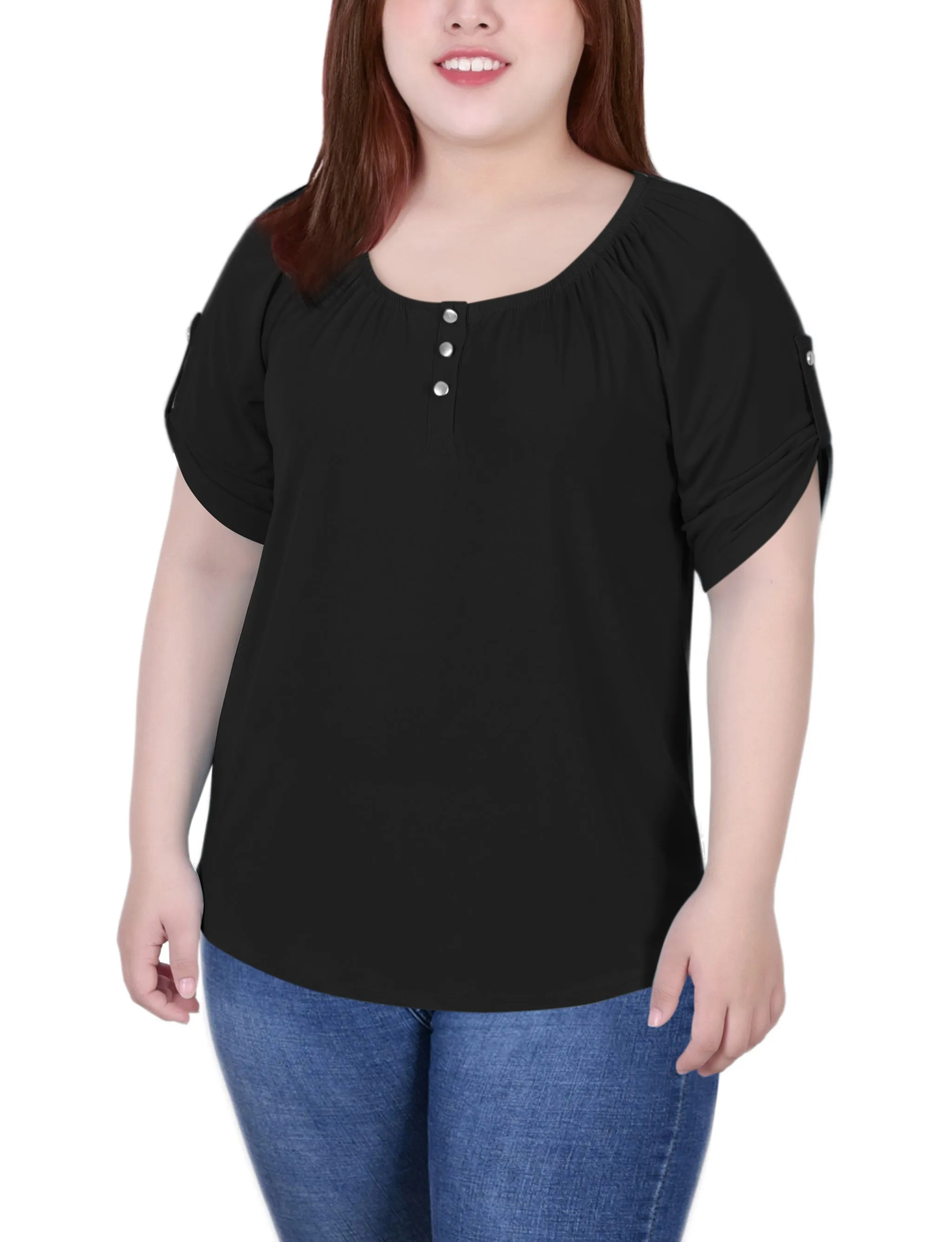 Sophisticated Layers Plus Size Short Sleeve Round Neck Henley Top
