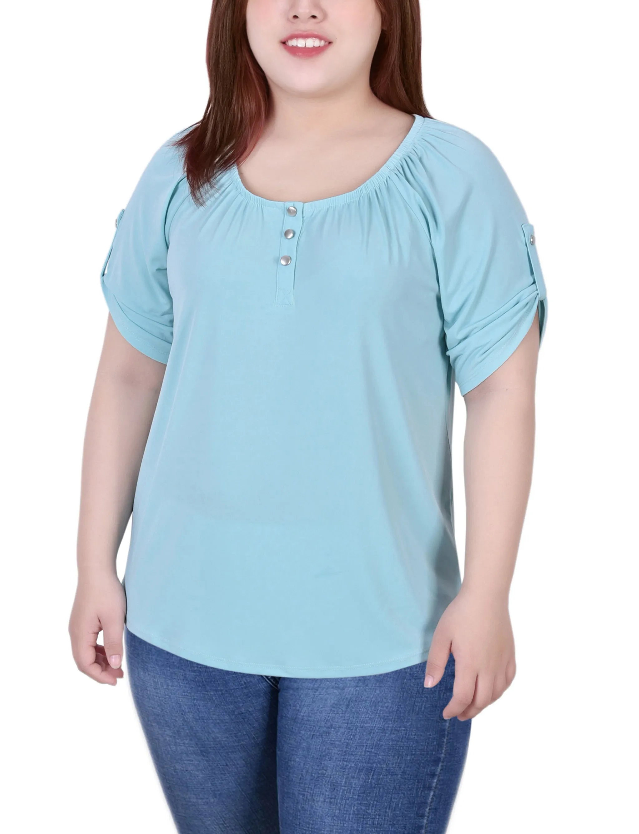 Sun-Protective Trendy Fit Look Plus Size Short Sleeve Round Neck Henley Top