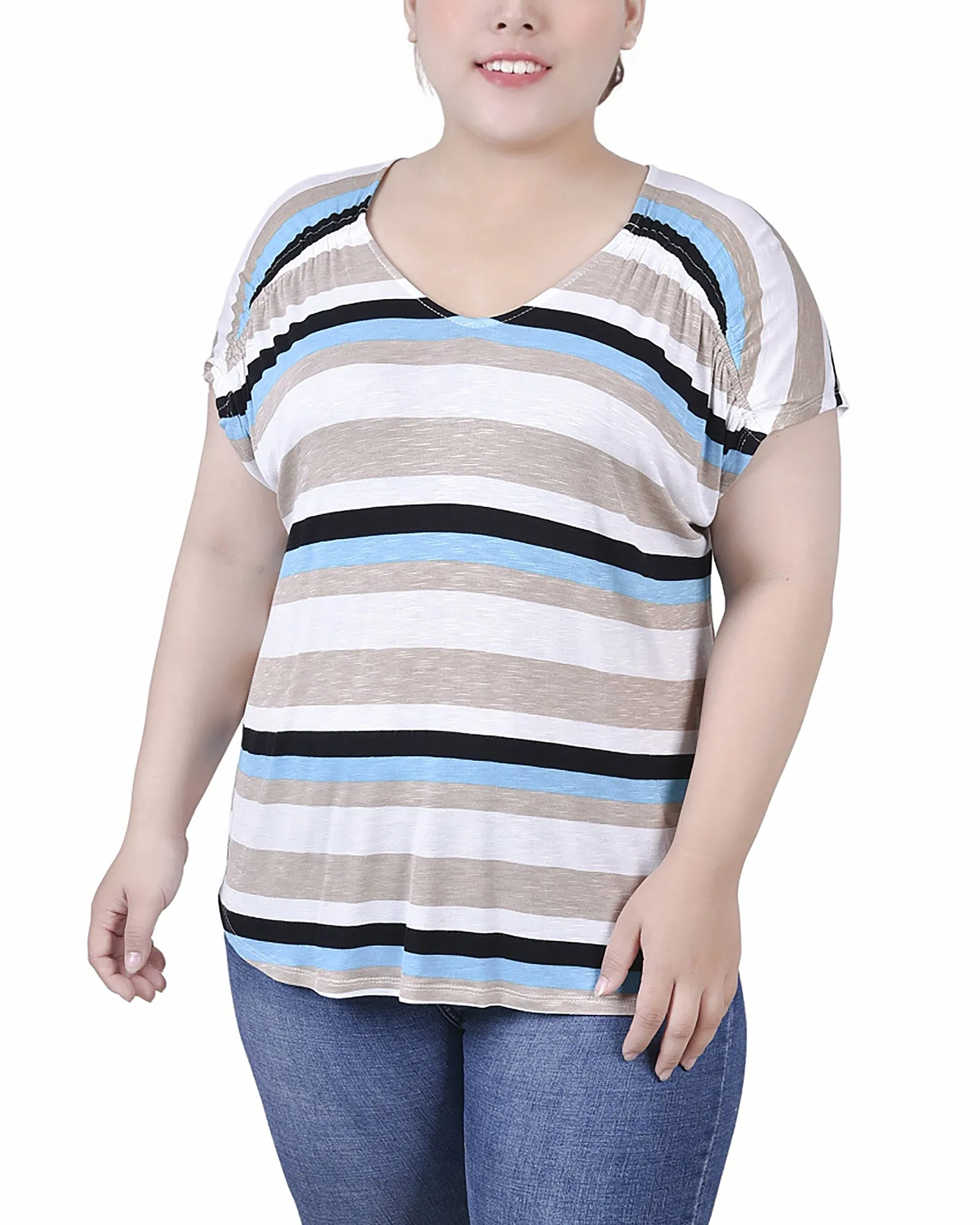 Sleek Form Plus Size Short Sleeve Striped V Neck Top