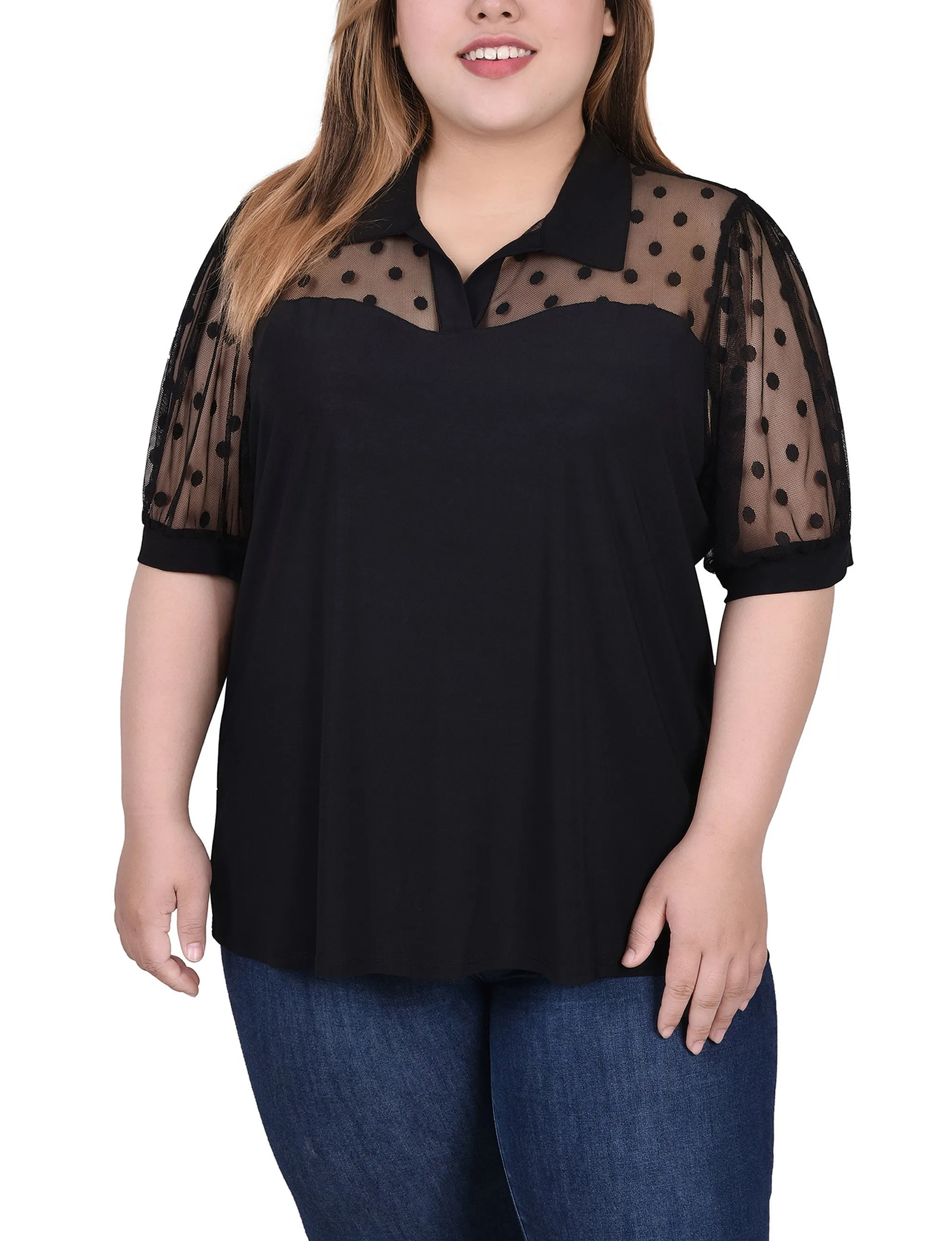 Plus Size Short Sleeve Top With Dotted Mesh Luxe Look Day-To-Night Wear