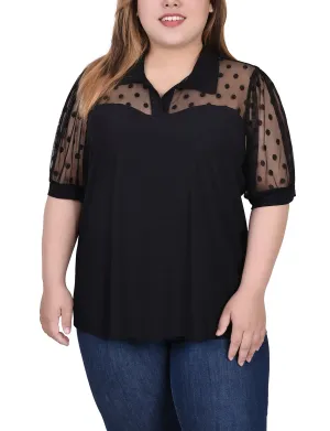 Plus Size Short Sleeve Top With Dotted Mesh Smart Comfort Fit Lightweight and Breezy Lounge Mood Plus Size Short Sleeve Top With Dotted Mesh