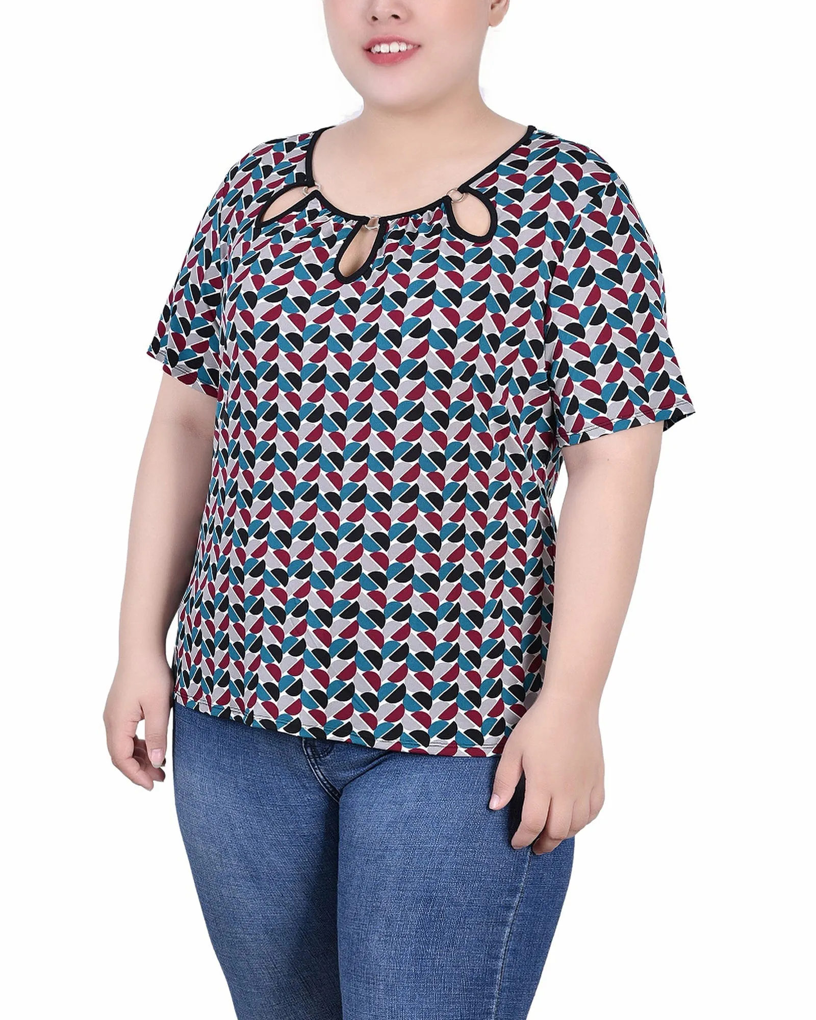 Plus Size Short Sleeve Top With Ring Details ConvertibleNeckline