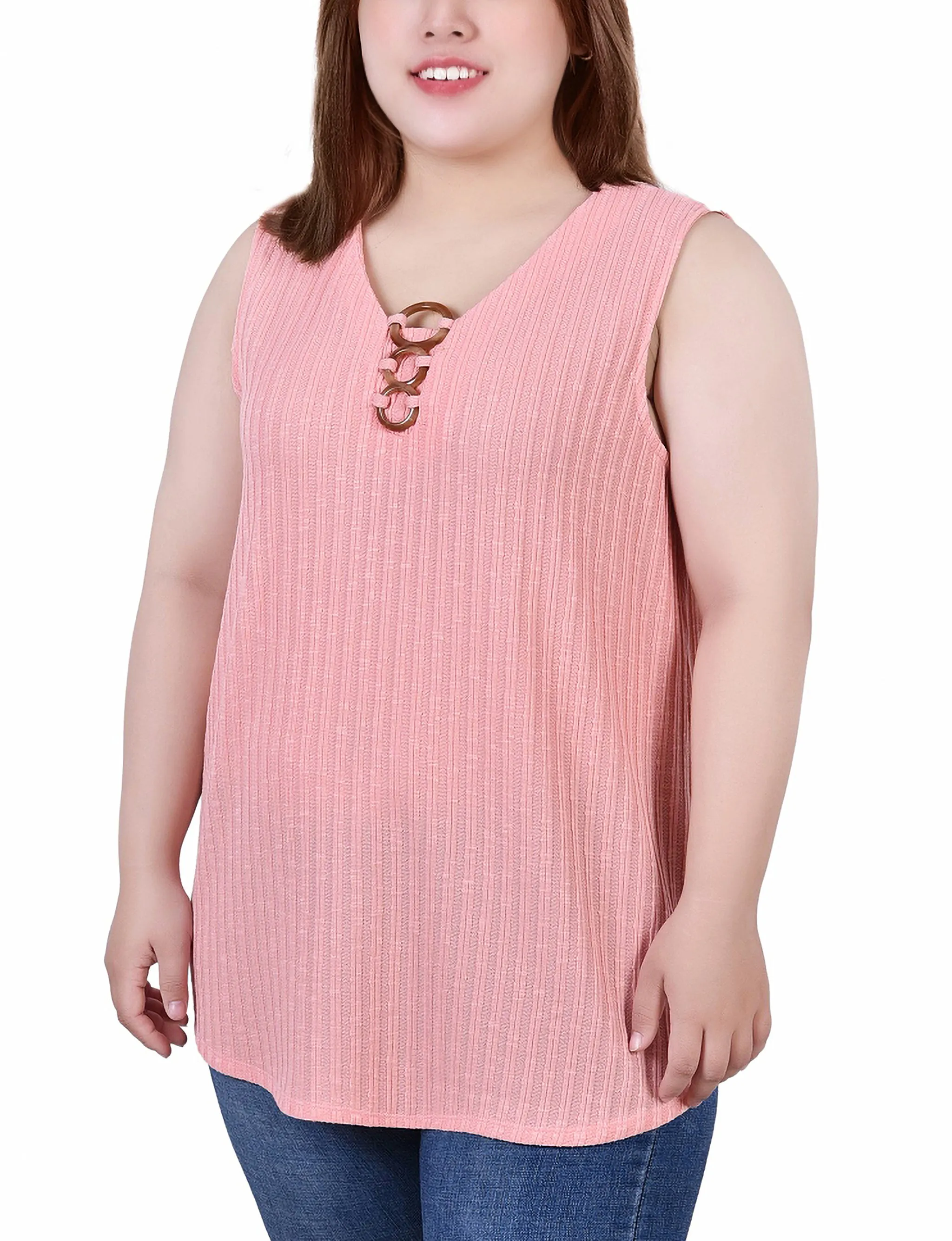 Plus Size Sleeveless Ribbed Top With Triple Rings Elegant Waistband