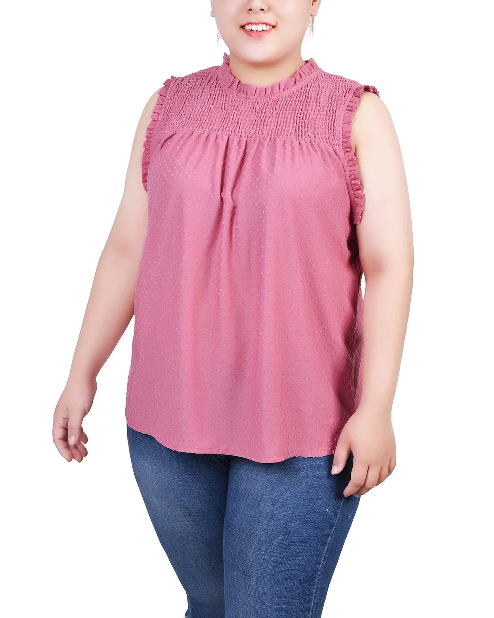 Simple Chic Jewel Accent Plus Size Sleeveless Yoke Top With Ruffles