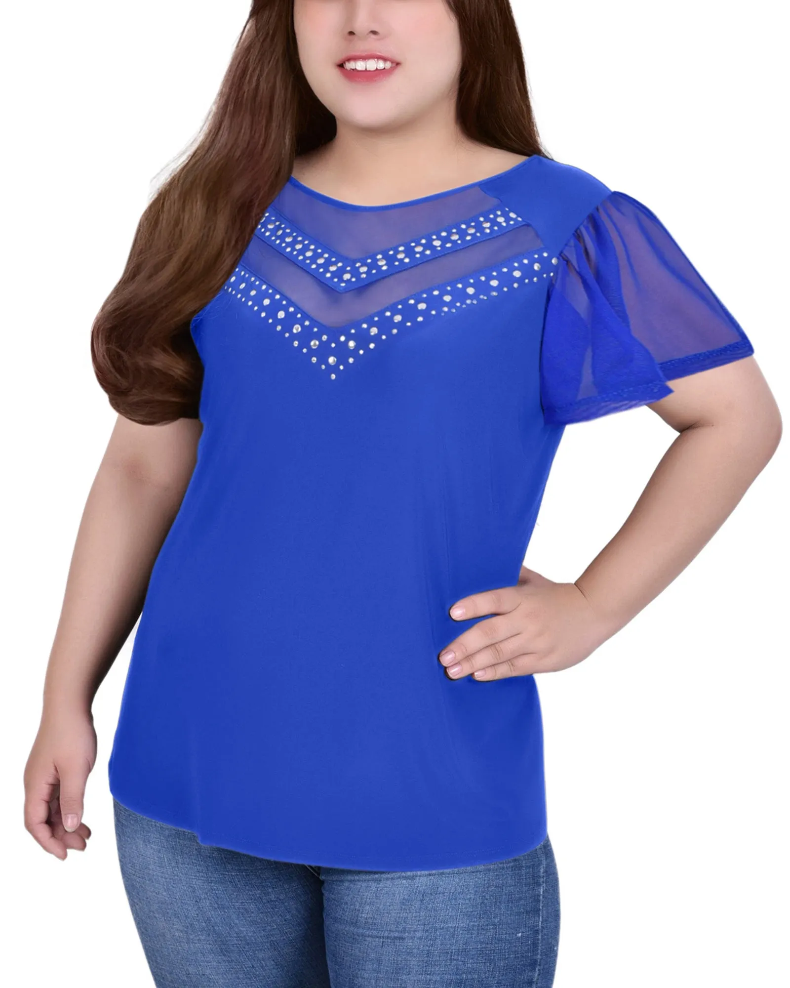 Plus Size Studded Short Flutter Sleeve Top With Mesh Details Smart and Stylish Fresh Outfit
