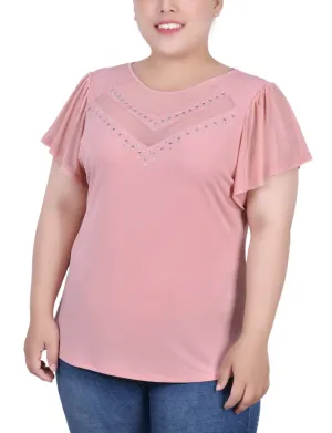 Plus Size Studded Short Flutter Sleeve Top With Mesh Details Casual Garment Photo Glow Plus Size Studded Short Flutter Sleeve Top With Mesh Details