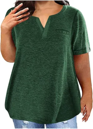 Plus Size T-Shirt for Women Short Sleeve V Neck Shirts Lightweight Solid Color Workout Blouse Summer Activewear