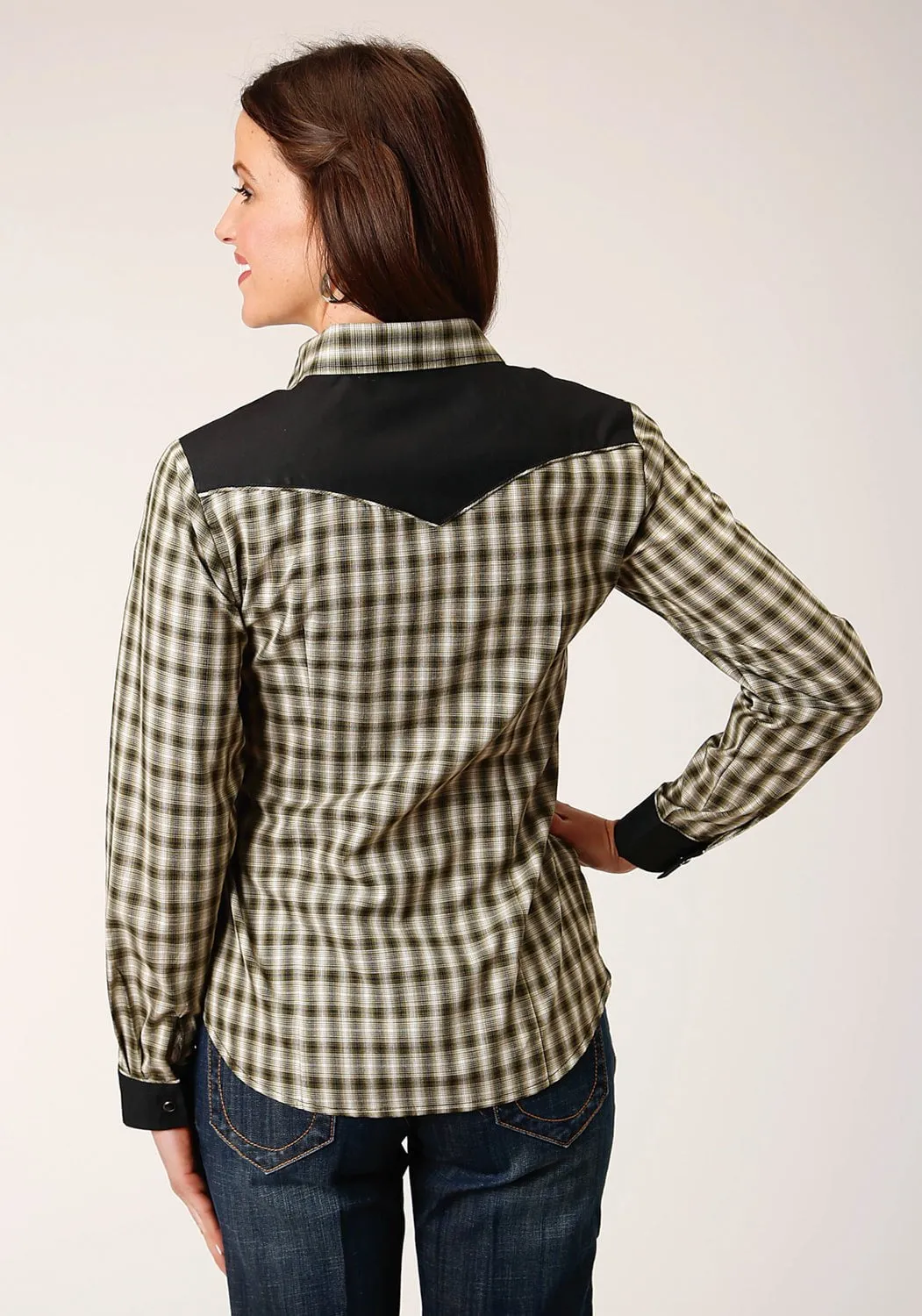 Tuckable Hem Roper Womens Cream Windowpane Green Cotton Blend L/S Shirt
