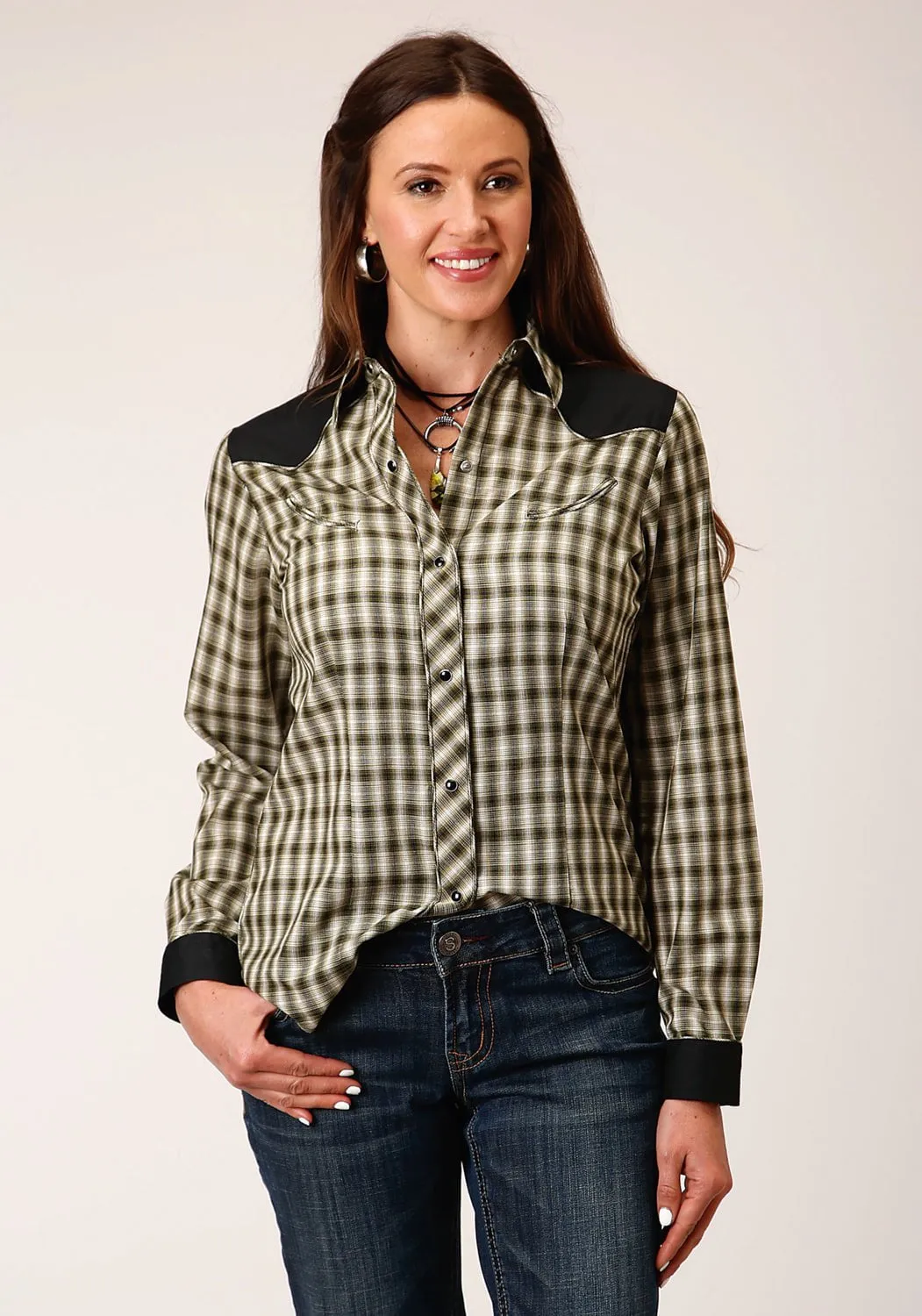 Everyday Essential Roper Womens Cream Windowpane Green Cotton Blend L/S Shirt