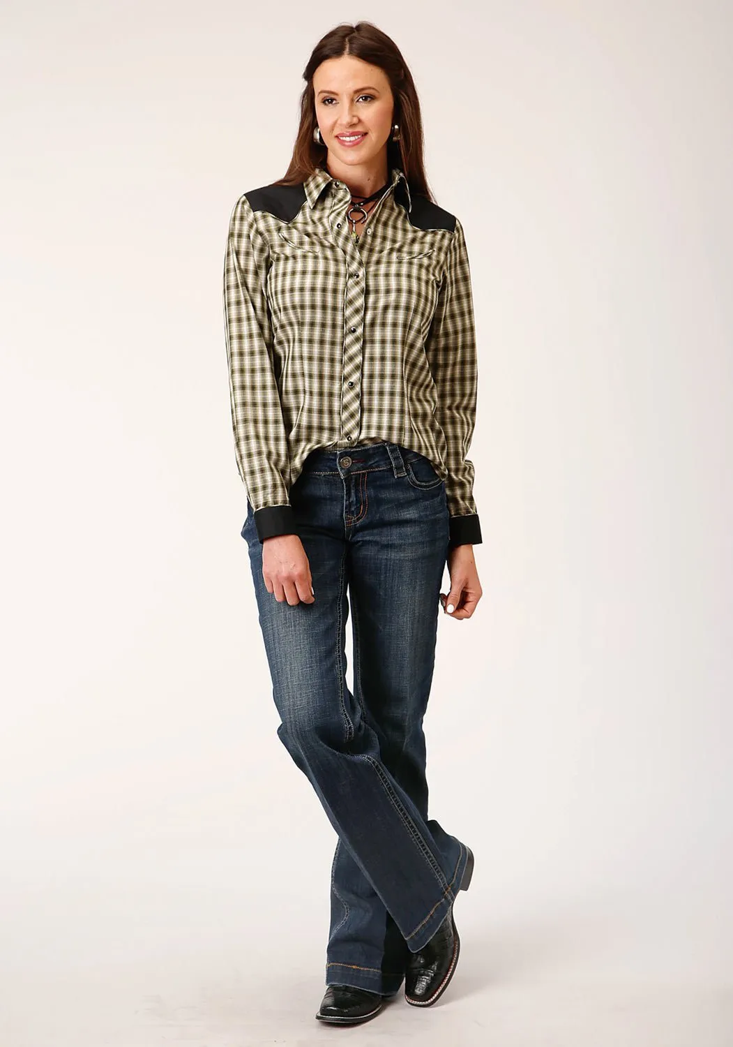 Anti Static Finish Roper Womens Cream Windowpane Green Cotton Blend L/S Shirt