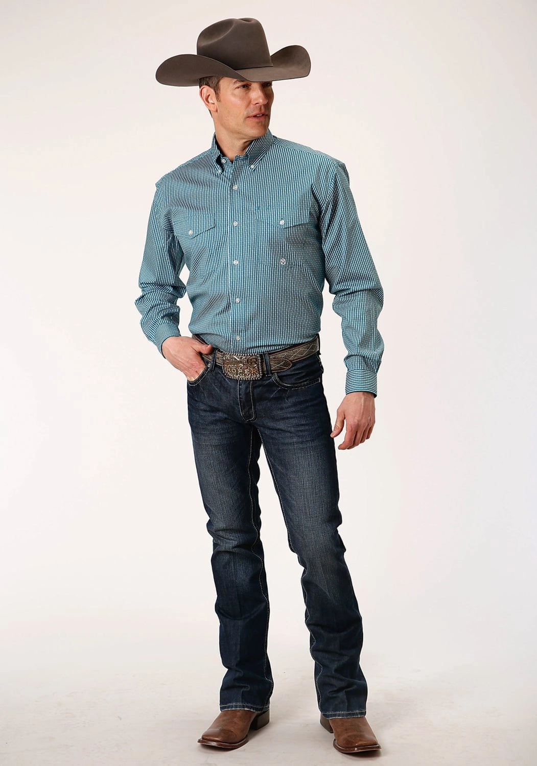 Casual Fit Relaxed Silhouette Roper Mens Teal Cotton Blend Arrow Rope BD L/S Btn Shirt