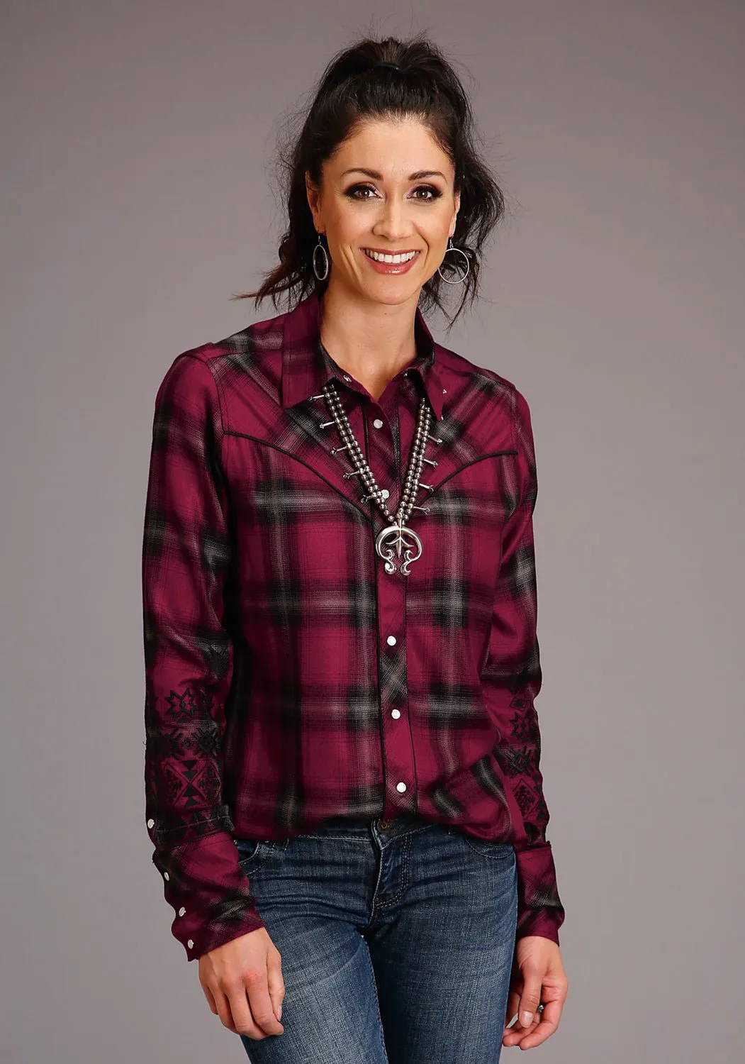 Stetson Womens Western Plaid Wine 100% Rayon L/S Shirt Anti Cling Fabric