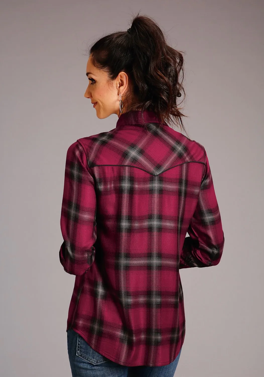 Street Style Comfortable Wear Stetson Womens Western Plaid Wine 100% Rayon L/S Shirt