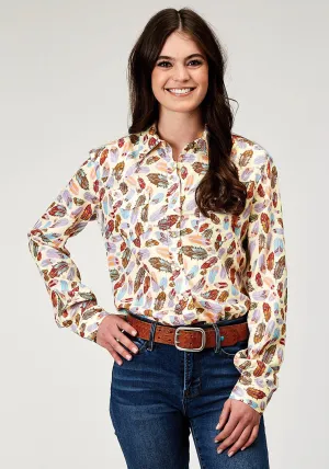 Polo Collar Roper Womens 1990 Feather Toss Multi-Color 100% Rayon L/S Shirt Ergonomic Sleeve Cut Roper Womens 1990 Feather Toss Multi-Color 100% Rayon L/S Shirt