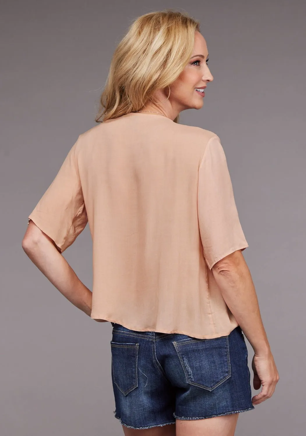 Stetson Womens 2097 Crepe V-Neck Pink 100% Rayon S/S Blouse Minimalist Aesthetic Business casual