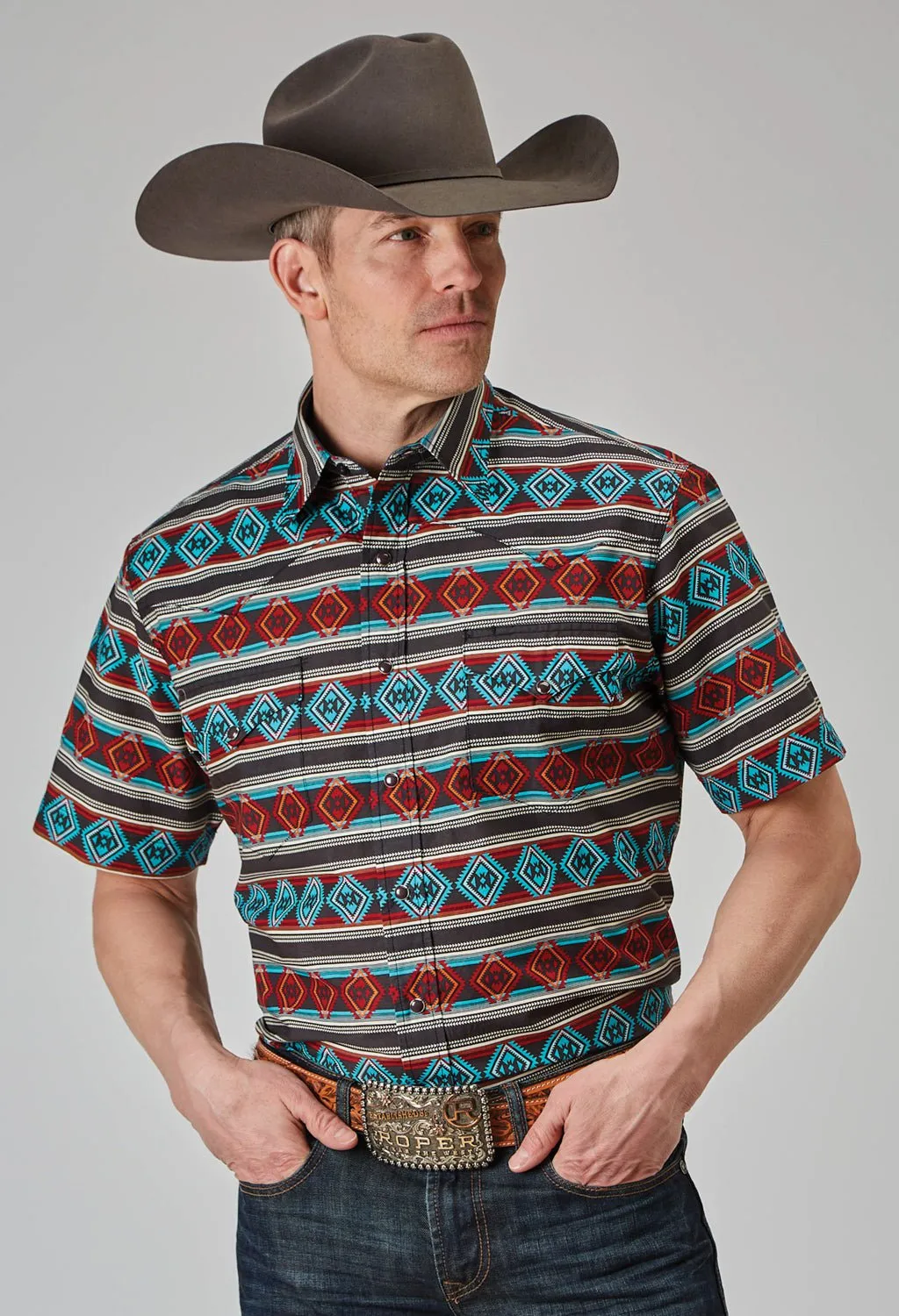 Roper Mens 1898 Aztec Stripe Red 100% Cotton S/S Shirt Trendsetter Choice