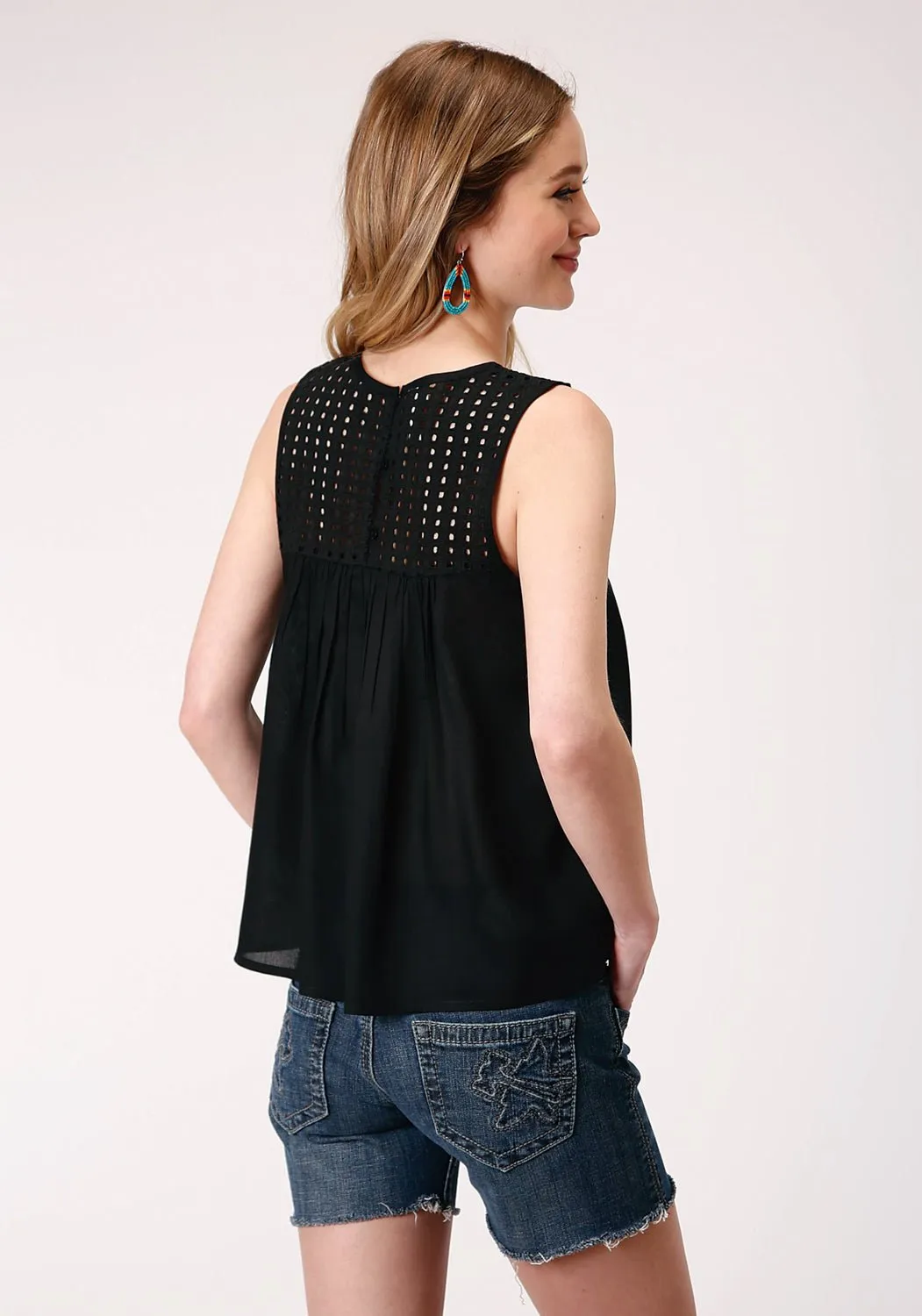 Roper Womens Black Rayon/Nylon Eyelet Bodice S/L Tank Top Casual Elegance Vibrant Hue