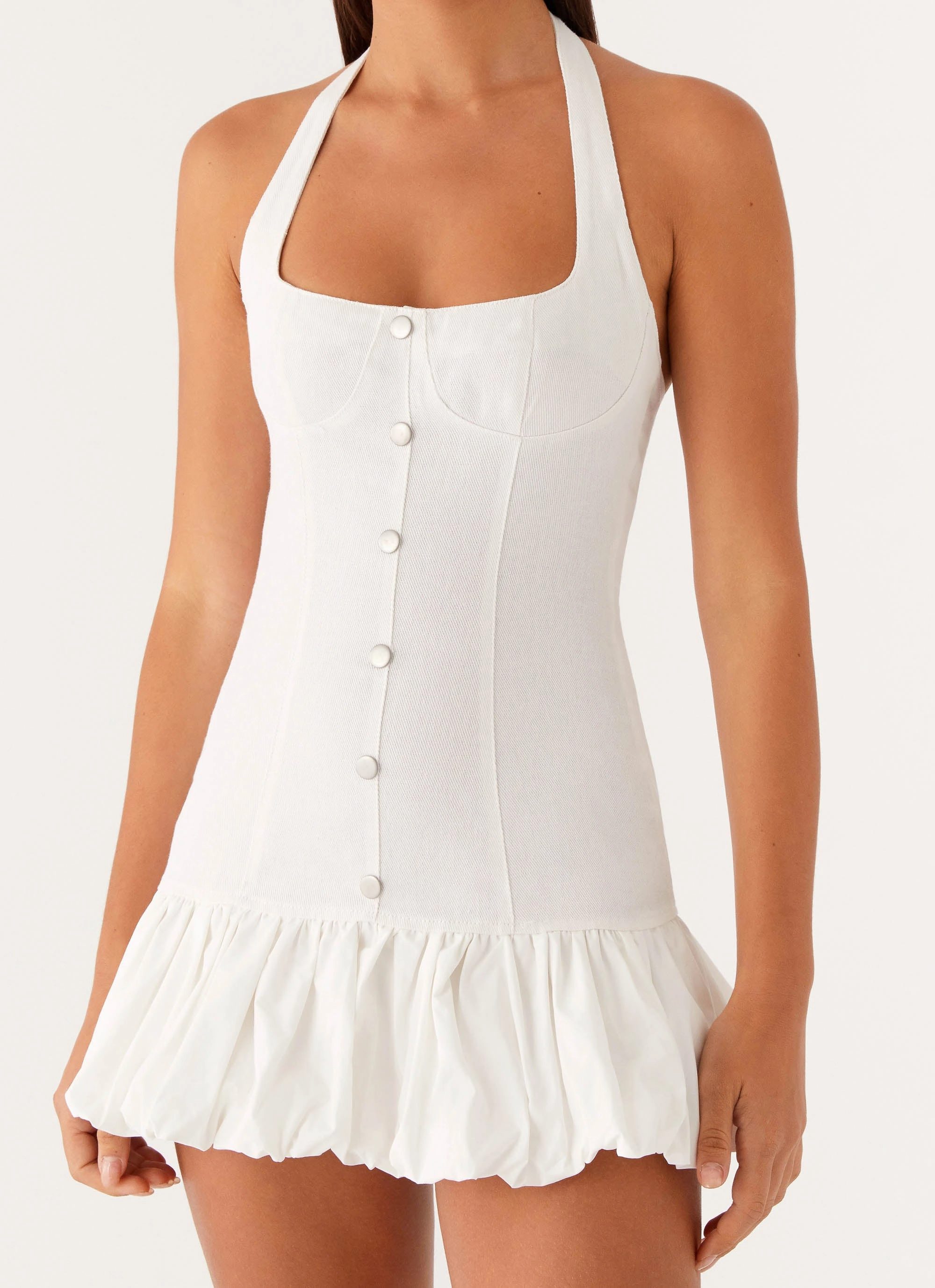 Georgina Denim Mini Dress - White Lightweight Fit Bare Glow