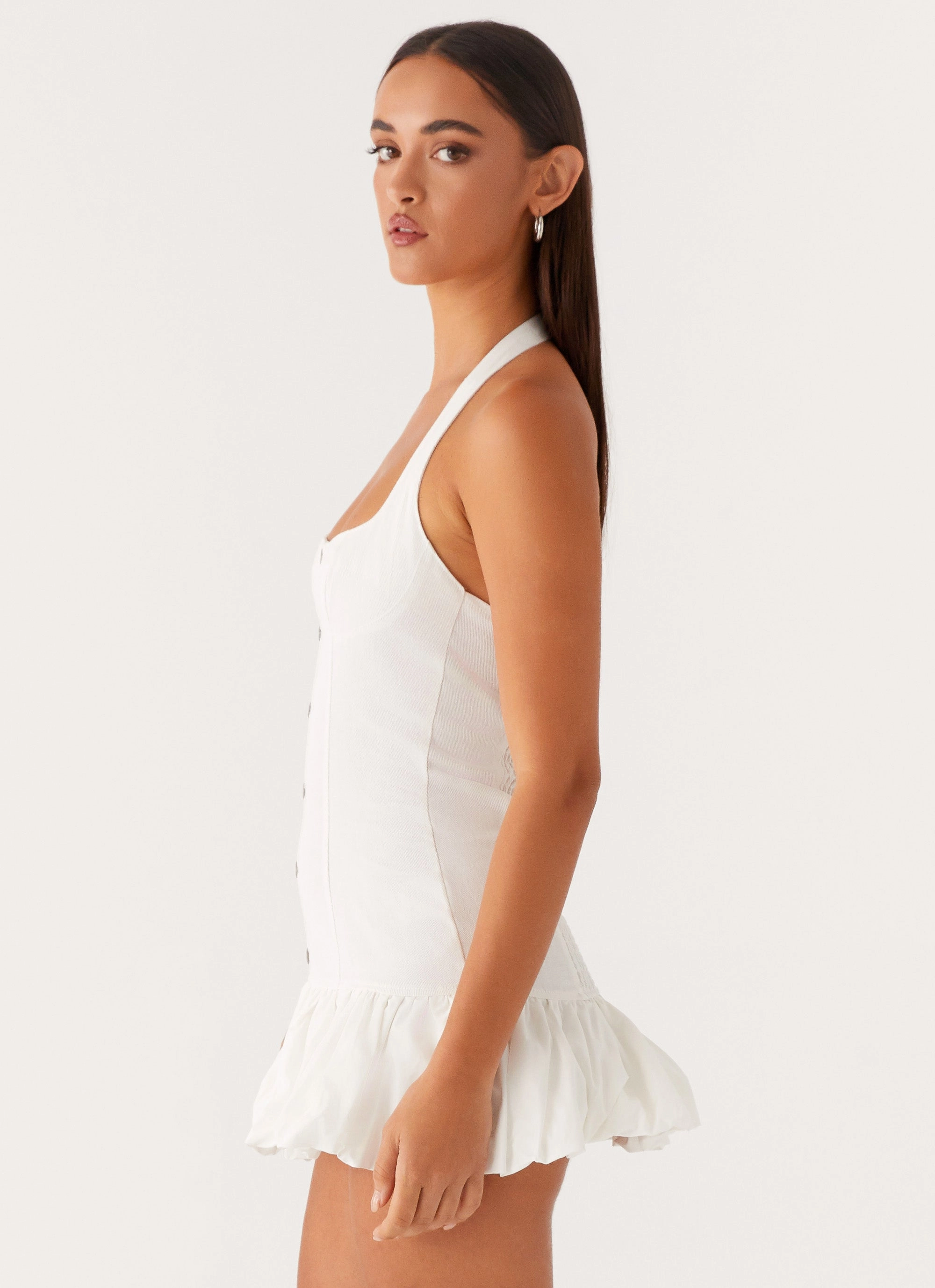 Georgina Denim Mini Dress - White Relaxed Waist Fit