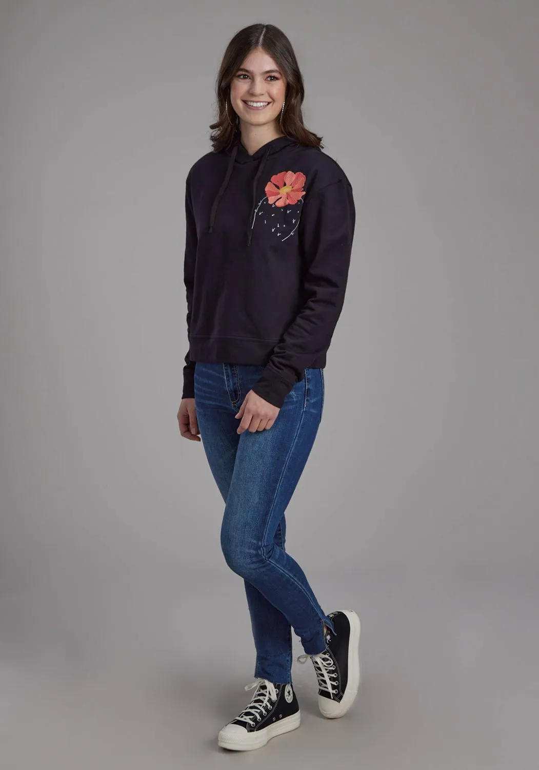 Fashion Fit Design Soft Aesthetic Roper Womens Twill Hood Flower Black 100% Cotton Hoodie
