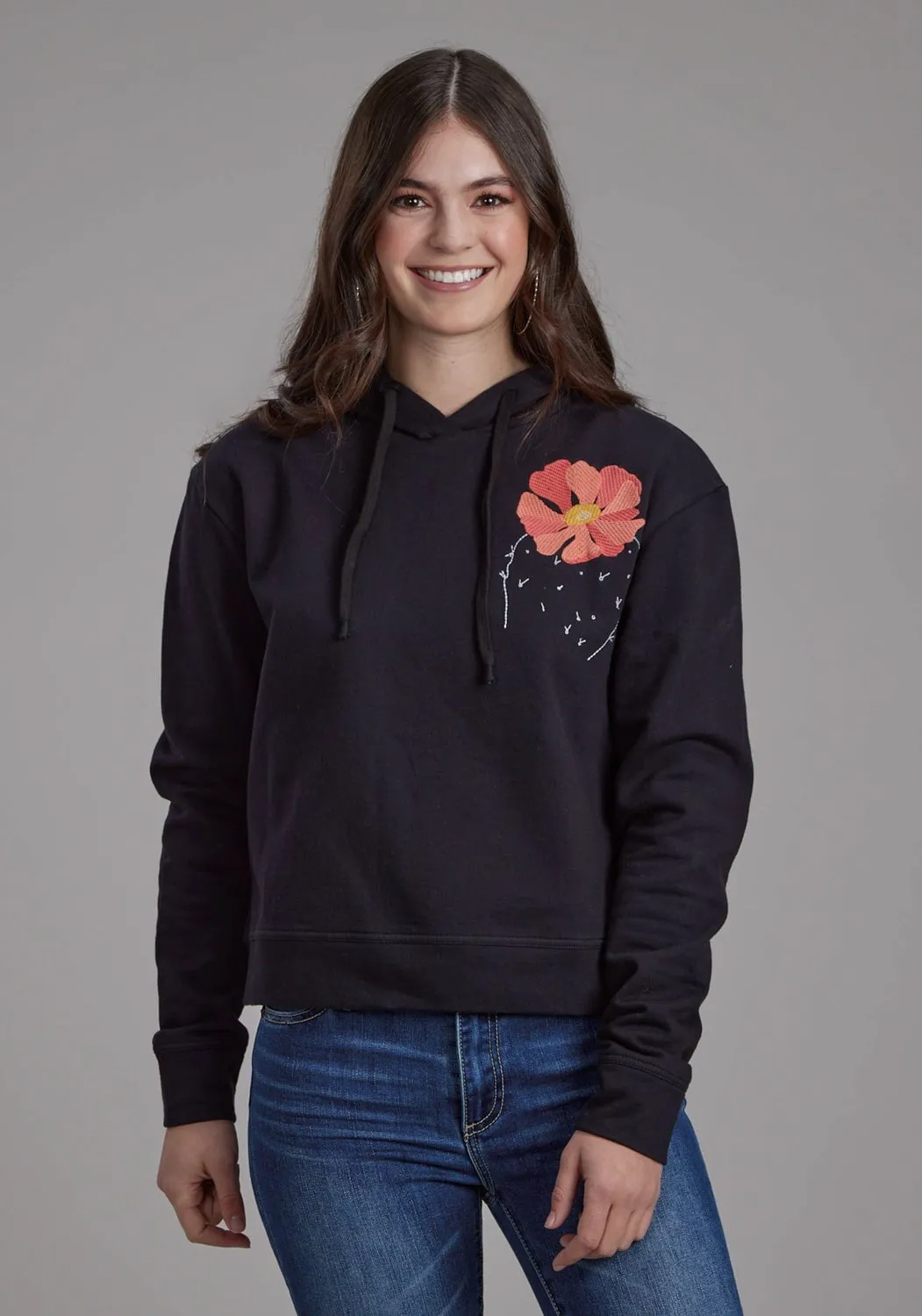 Roper Womens Twill Hood Flower Black 100% Cotton Hoodie Contemporary Look Modern Straight Leg