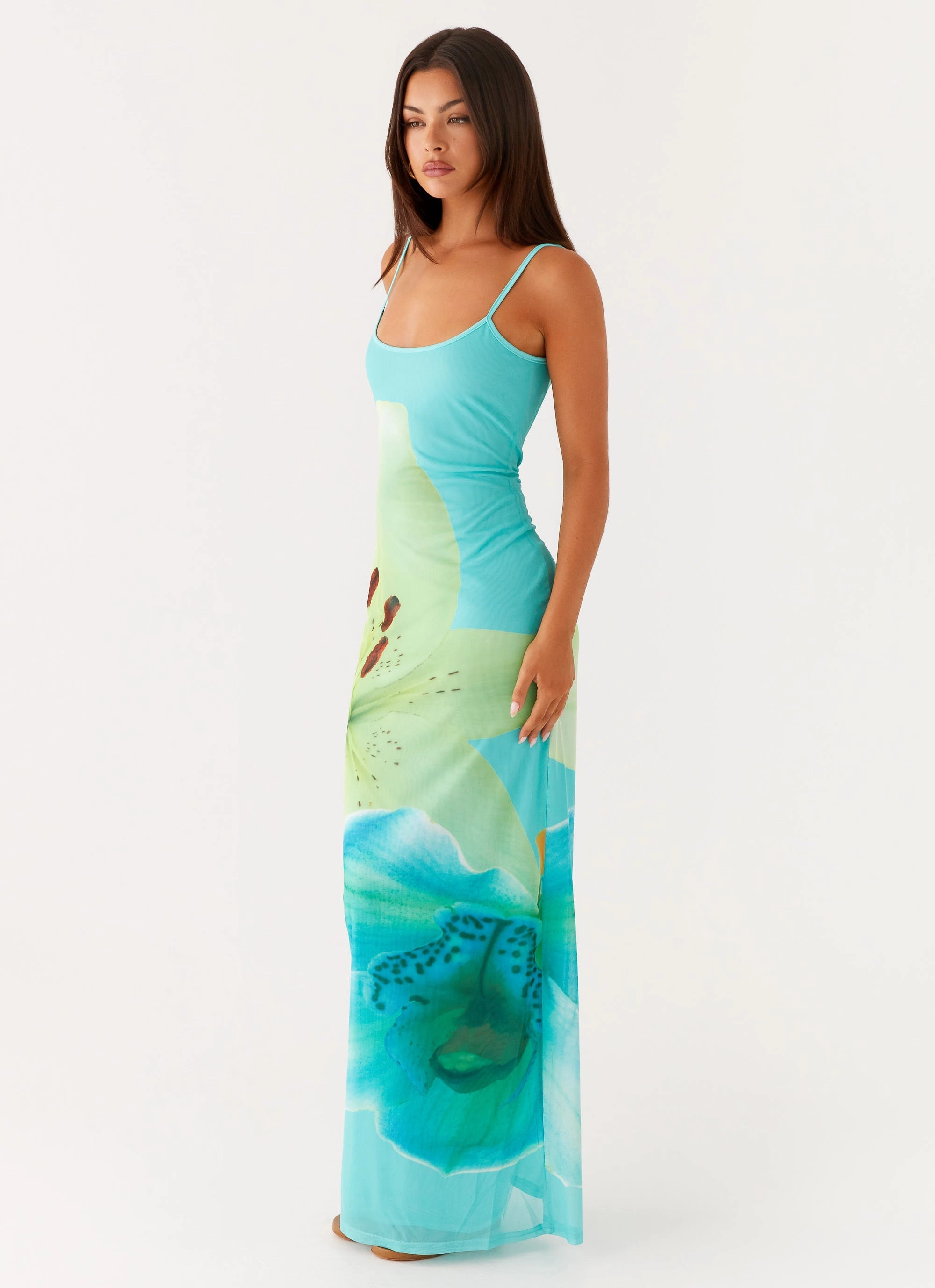 Bad News Mesh Maxi Dress - Turquoise Floral Flattering Shape Wear Floral Comfort