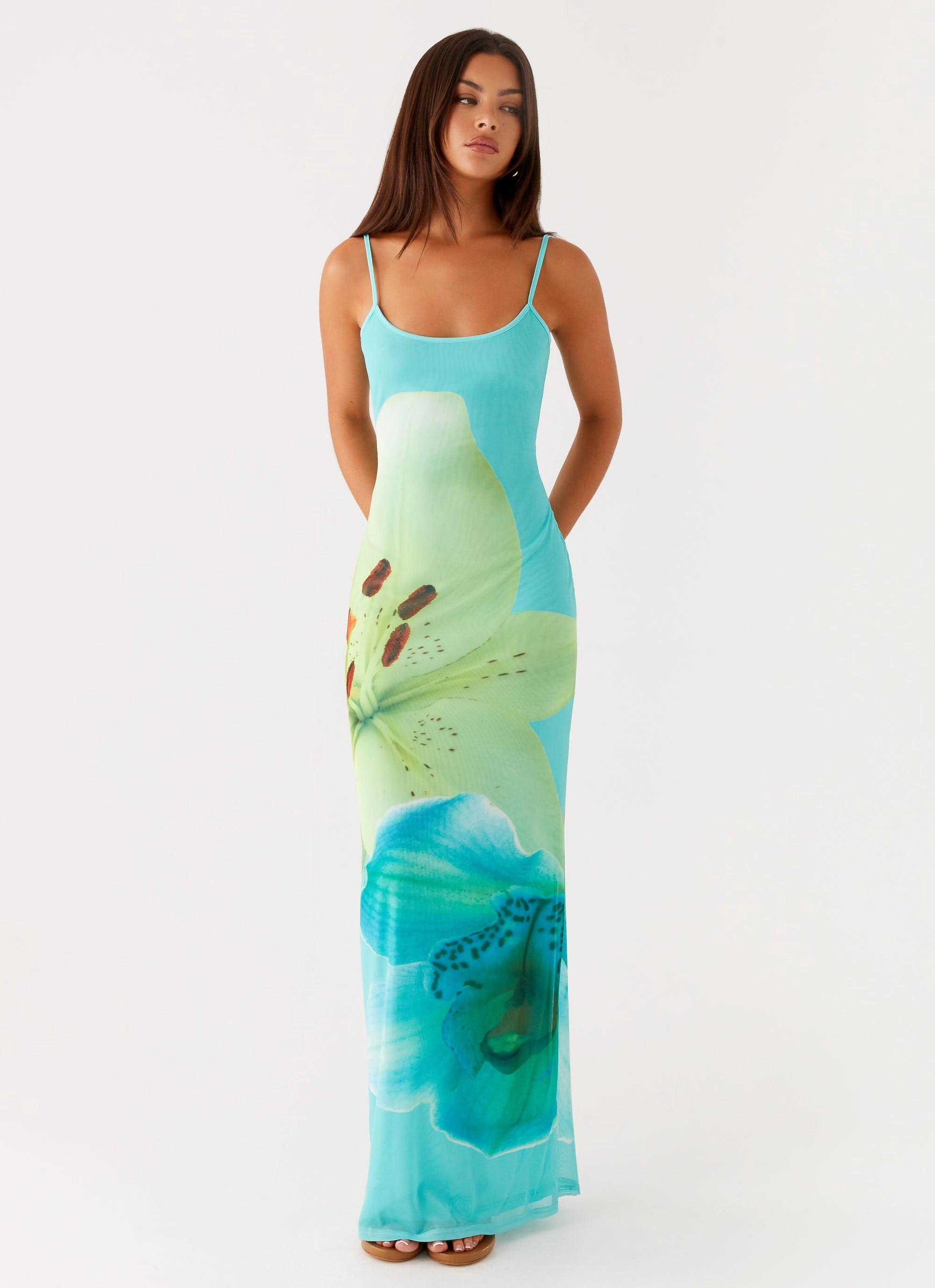Office Layer Bad News Mesh Maxi Dress - Turquoise Floral