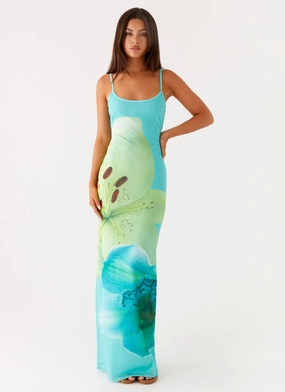 Practical Style Bad News Mesh Maxi Dress - Turquoise Floral Natural Aesthetic Bad News Mesh Maxi Dress - Turquoise Floral