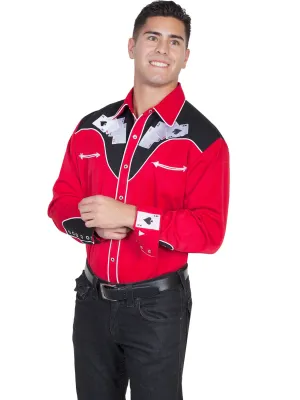 Pre Shrunk Material Scully Mens Shirt Western Red Poly Blend Four Ace Embroidery L/S Scully Mens Shirt Western Red Poly Blend Four Ace Embroidery L/S All-Purpose Wear