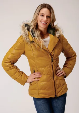 Premium Comfort Stetson Womens Yellow Leather Quilted Hooded Jacket Contemporary Cut Stretch Fit Denim Stetson Womens Yellow Leather Quilted Hooded Jacket