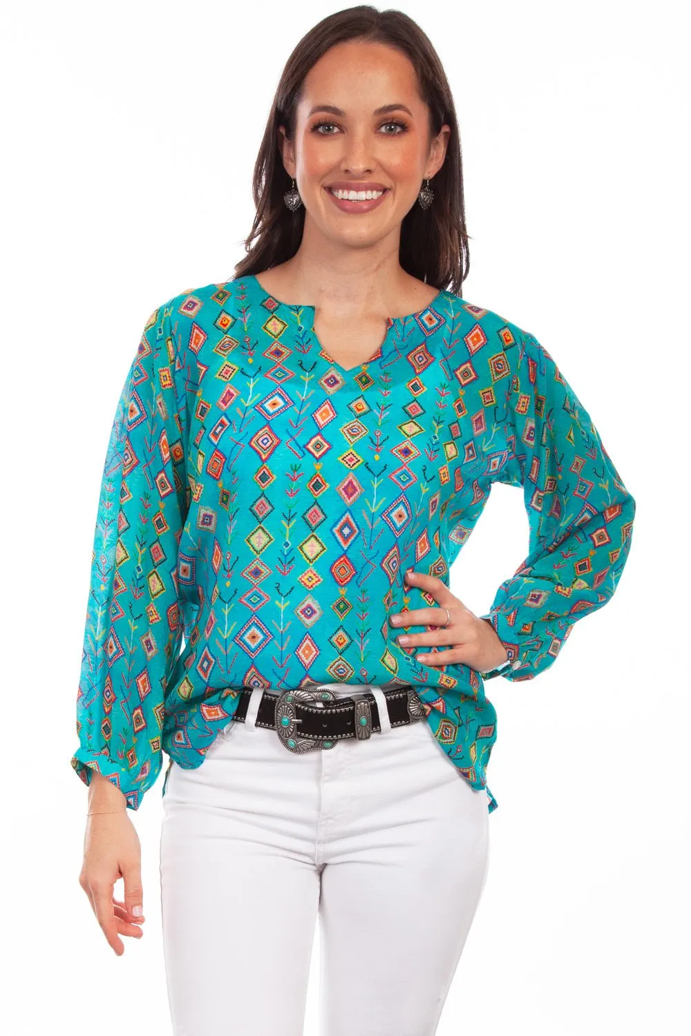 All Season Fit Scully Womens Keyhole Graphic Turquoise Rayon L/S Tunic