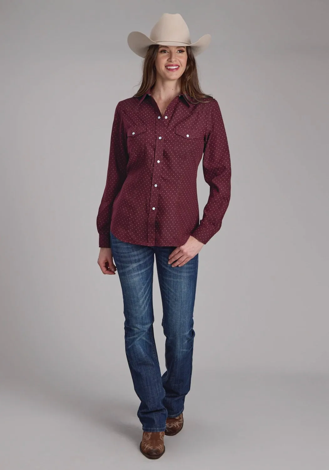 Roper Womens 2287 Dot Print Wine Cotton Blend L/S Shirt Seasonal Wear Flexible Mobility