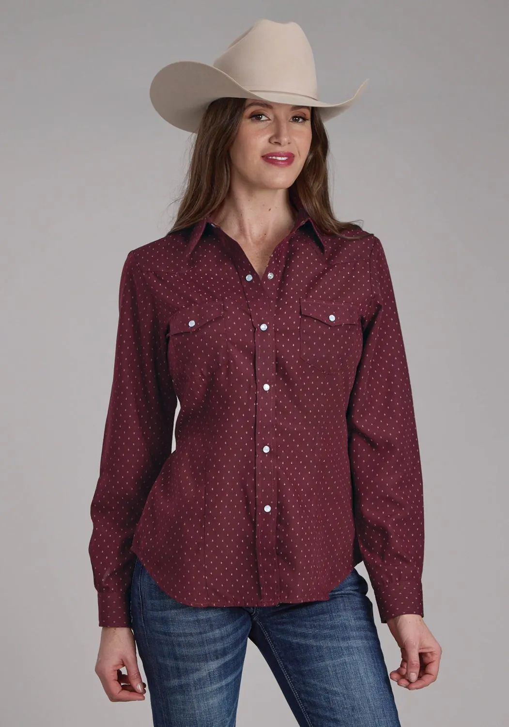 Sustainable production Road Trip Ready Roper Womens 2287 Dot Print Wine Cotton Blend L/S Shirt