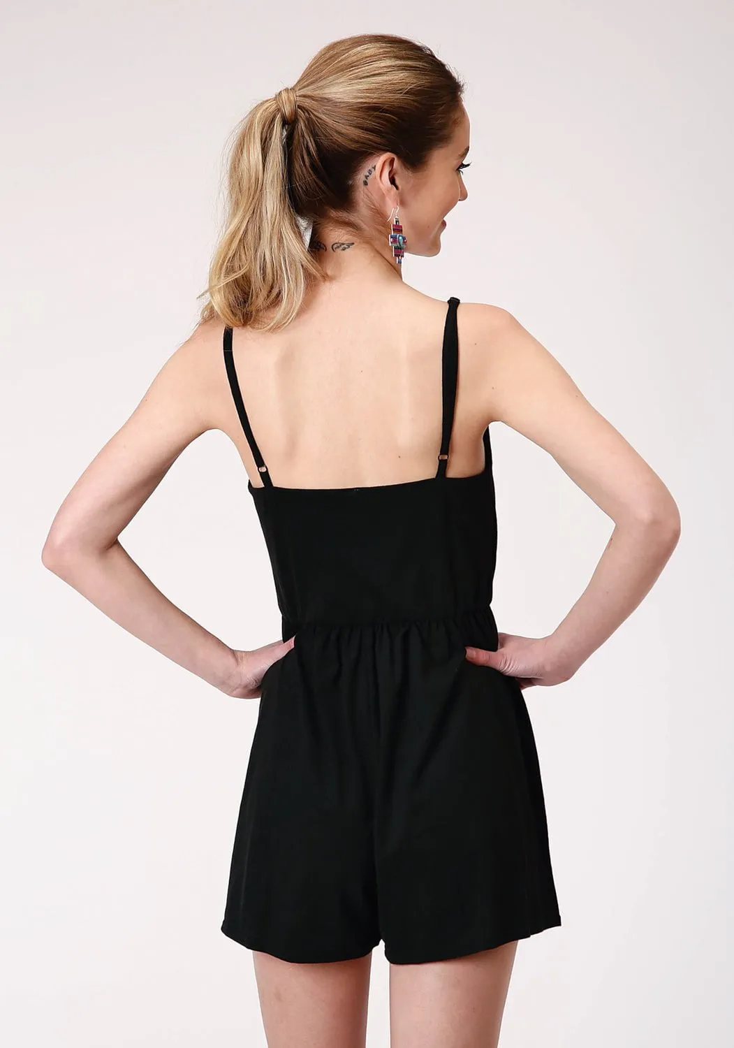 Roper Womens Black Poly/Rayon Strappy Romper S/L Jumper Smart Basic