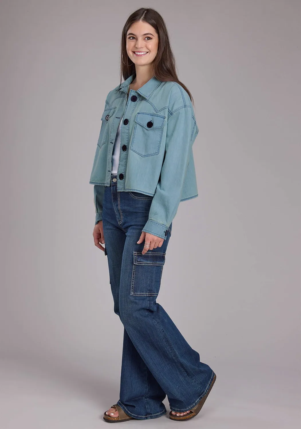 Roper Womens Elbow Patches Denim Light Blue 100% Cotton Jacket Comfortable Waistband Weekend Getaway Outdoor Adventure Picnic Style