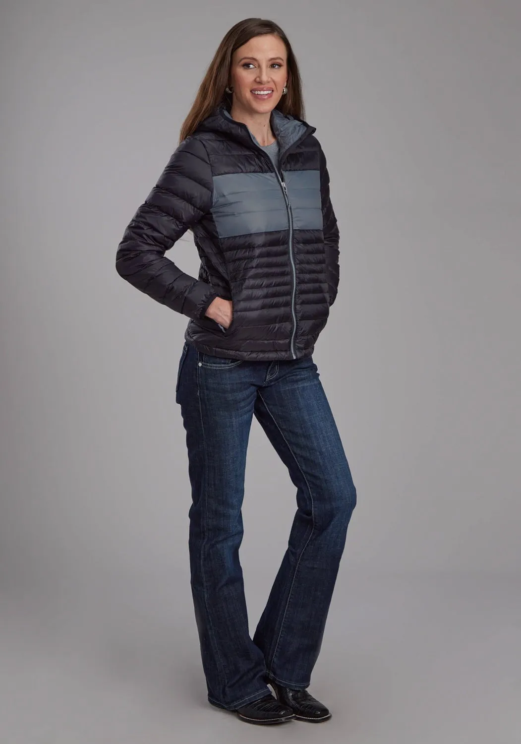 Multi Season Piece Essential Wear Roper Womens Down Filled Hooded Black 100% Nylon Insulated Jacket