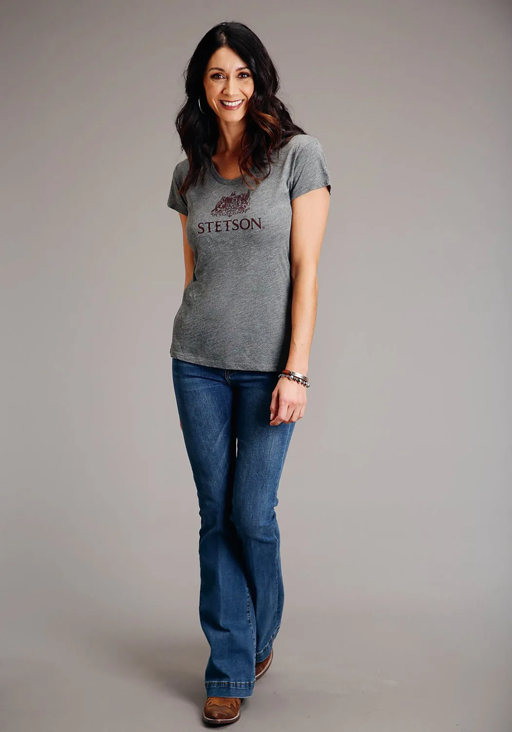 Stetson Womens Grey Poly/Rayon Crest Screenprint S/S T-Shirt Unique Design Abstract print