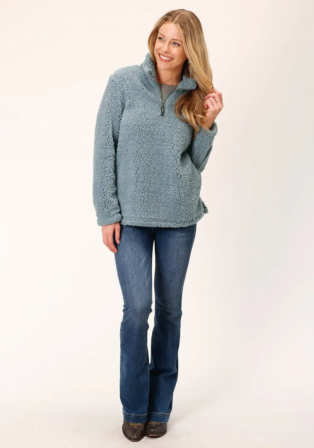 Roper Womens Solid 1/4 zip Blue 100% Polyester Fleece Jacket Couple Look Elegant Summer Vibes Barrel Leg Construction